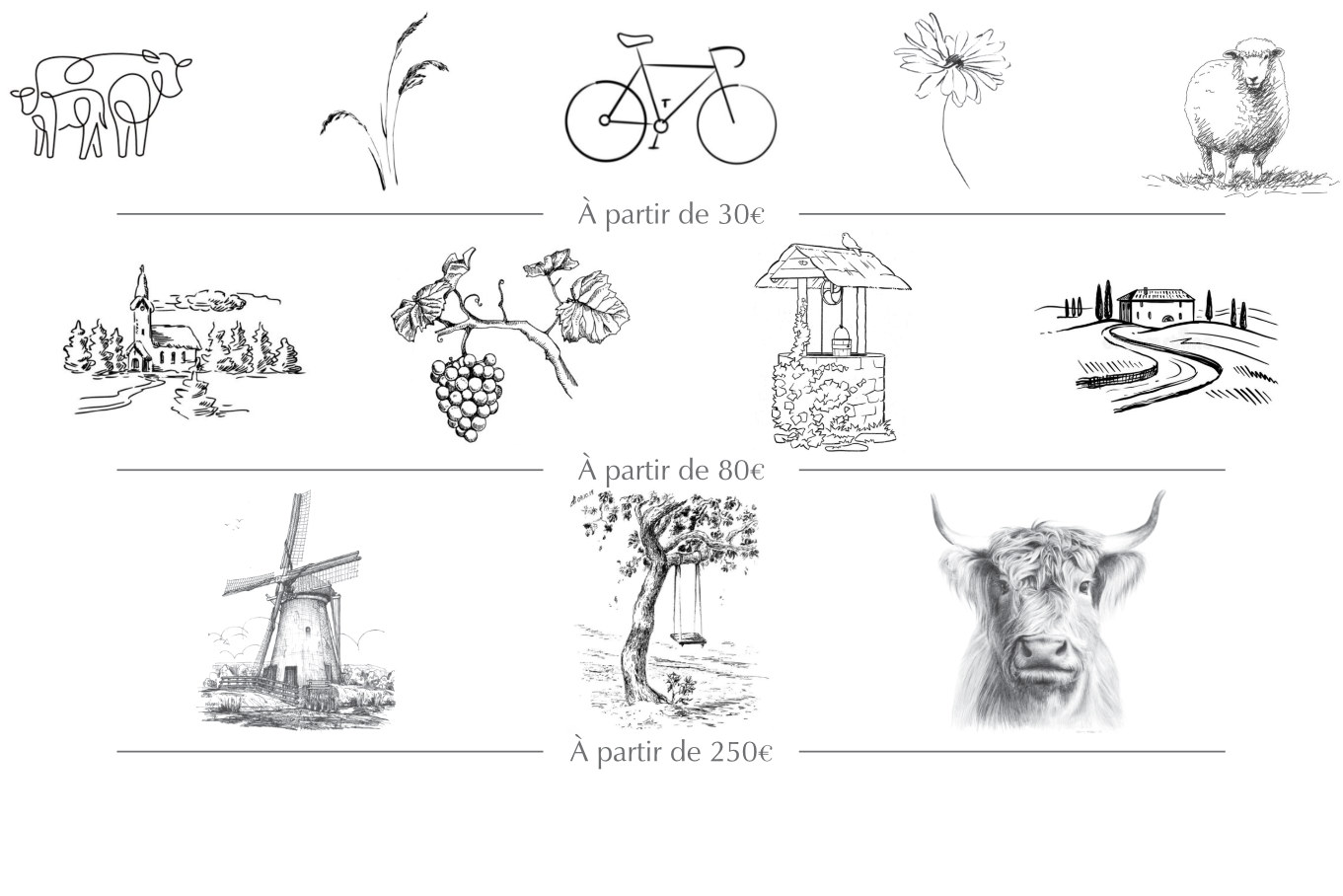 Motifs campagne, paysage gravé, création personnalisée