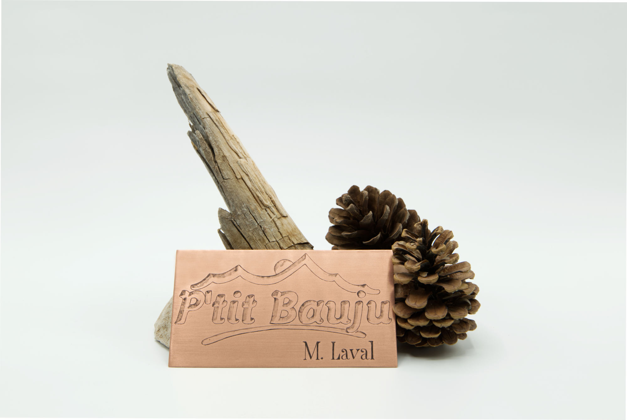 Plaque de porte montagnarde en cuivre, lettrage et motif gravés